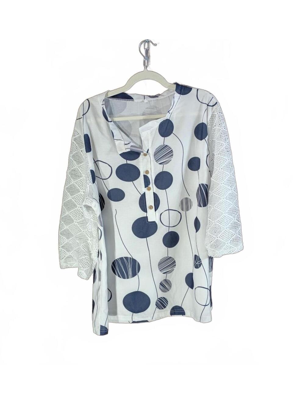 White and Navy Polka Dot Tunic with Crochet Sleeves